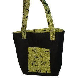 Halloween Handmade Handsewn Treat Bag / Decor Green w Bat Print Craftcore NWOT